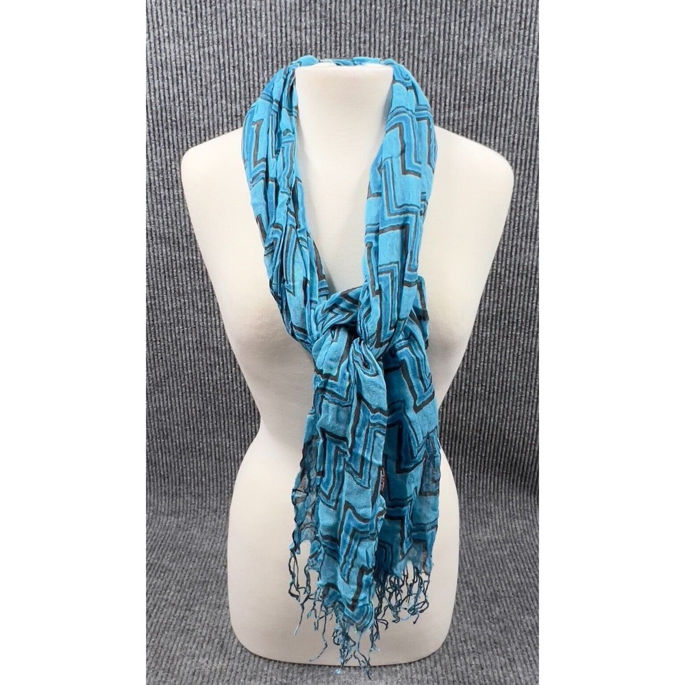 Accessories‎ Scarf Womens Viscose Wrap Blue Zig Zag Frilly Fringe 64" x 19"